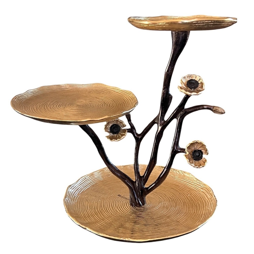 3‎ Tier Gold Tone Aluminum Botanical Branch Poppy Flower Display Stand 14"
